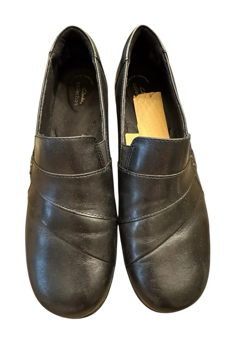 CLARKS Womens Black May Marigold Slip On Leather Loafers Shoes Size 11W