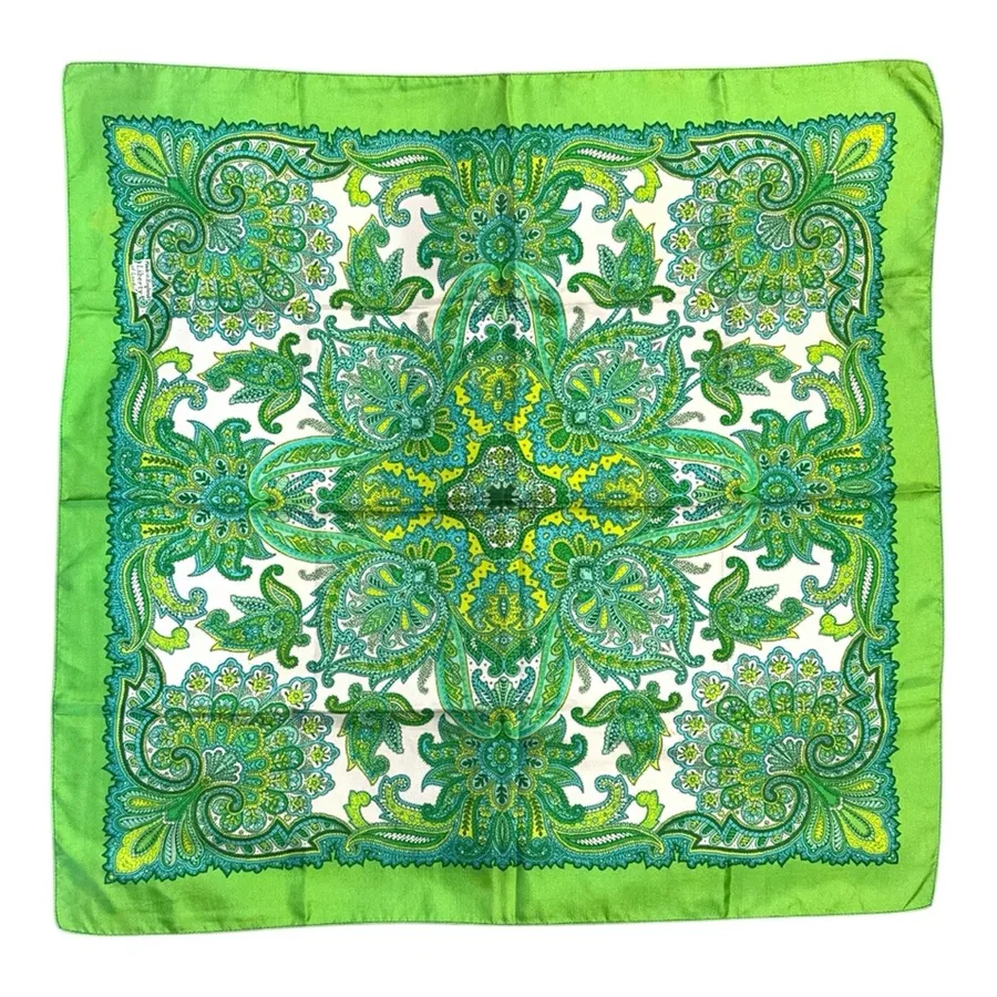 Vintage Green Paisley Square Scarf Boho Floral Hair Neck Head Wrap