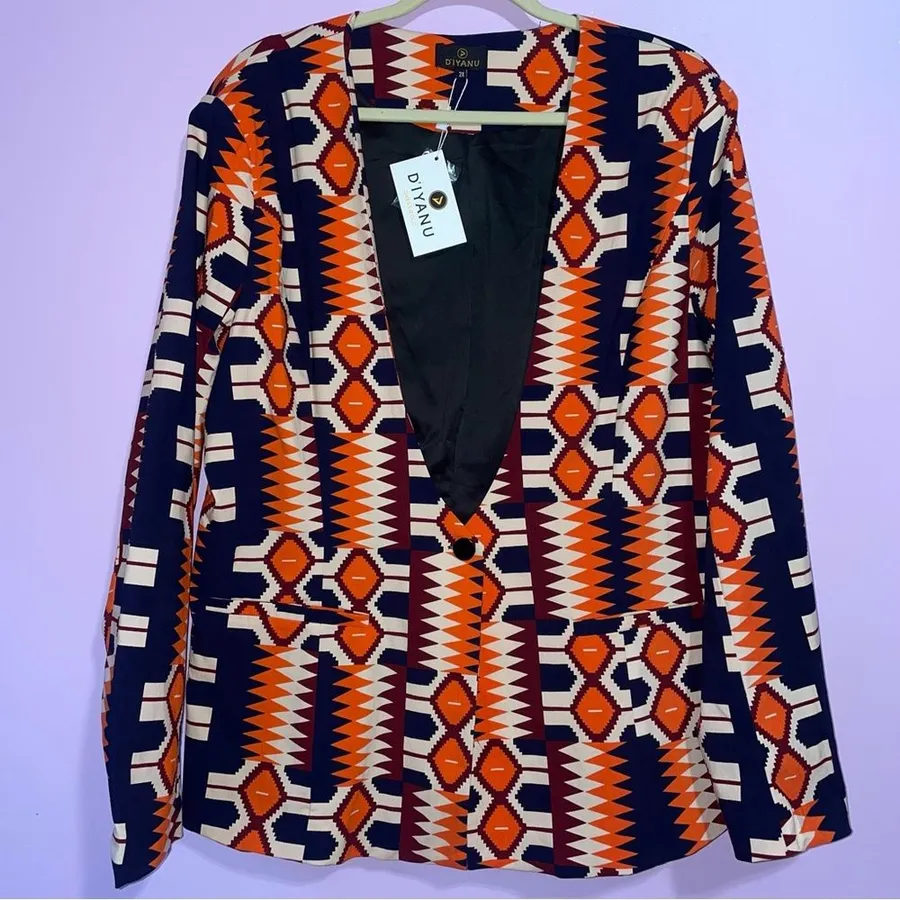 NEW D'Iyanu African Tribal Print Stretch Blazer Women 2X Art to Wear Maximalist Orange
