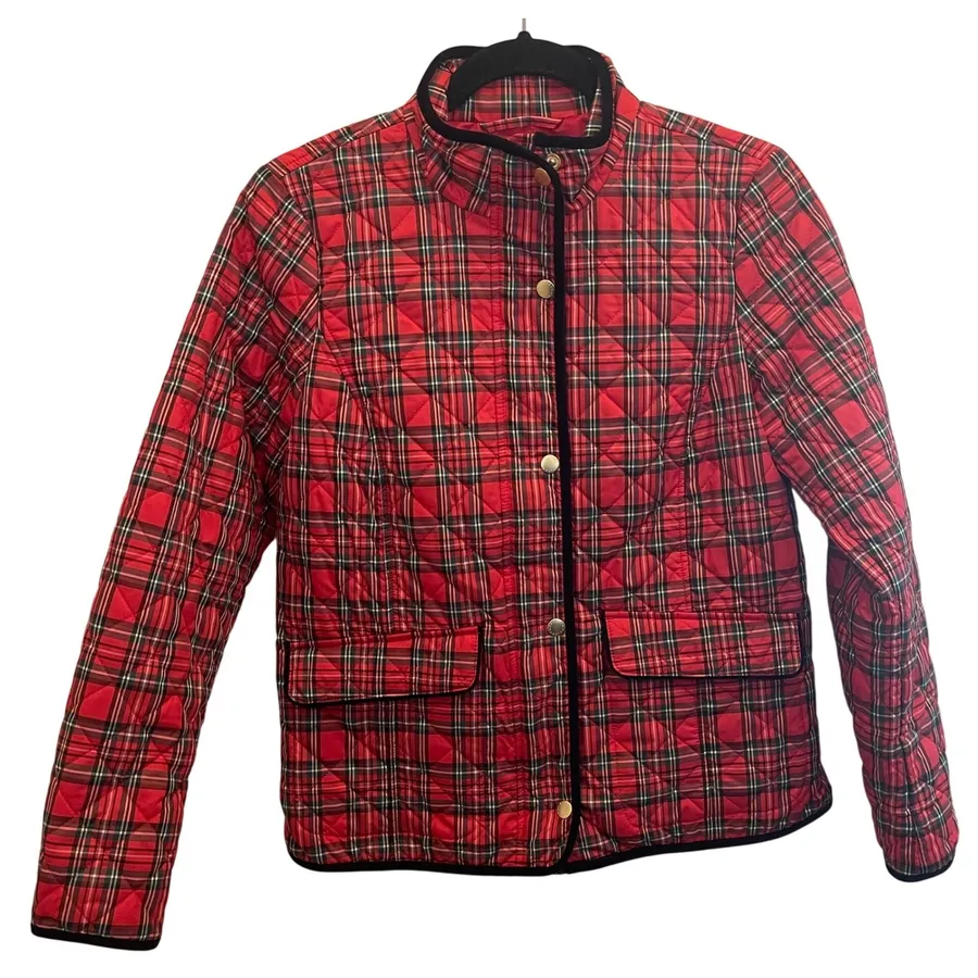 Talbots Red Plaid Tartan Quilted Jacket XS Velvet Trim Full Zip Snap Preppy