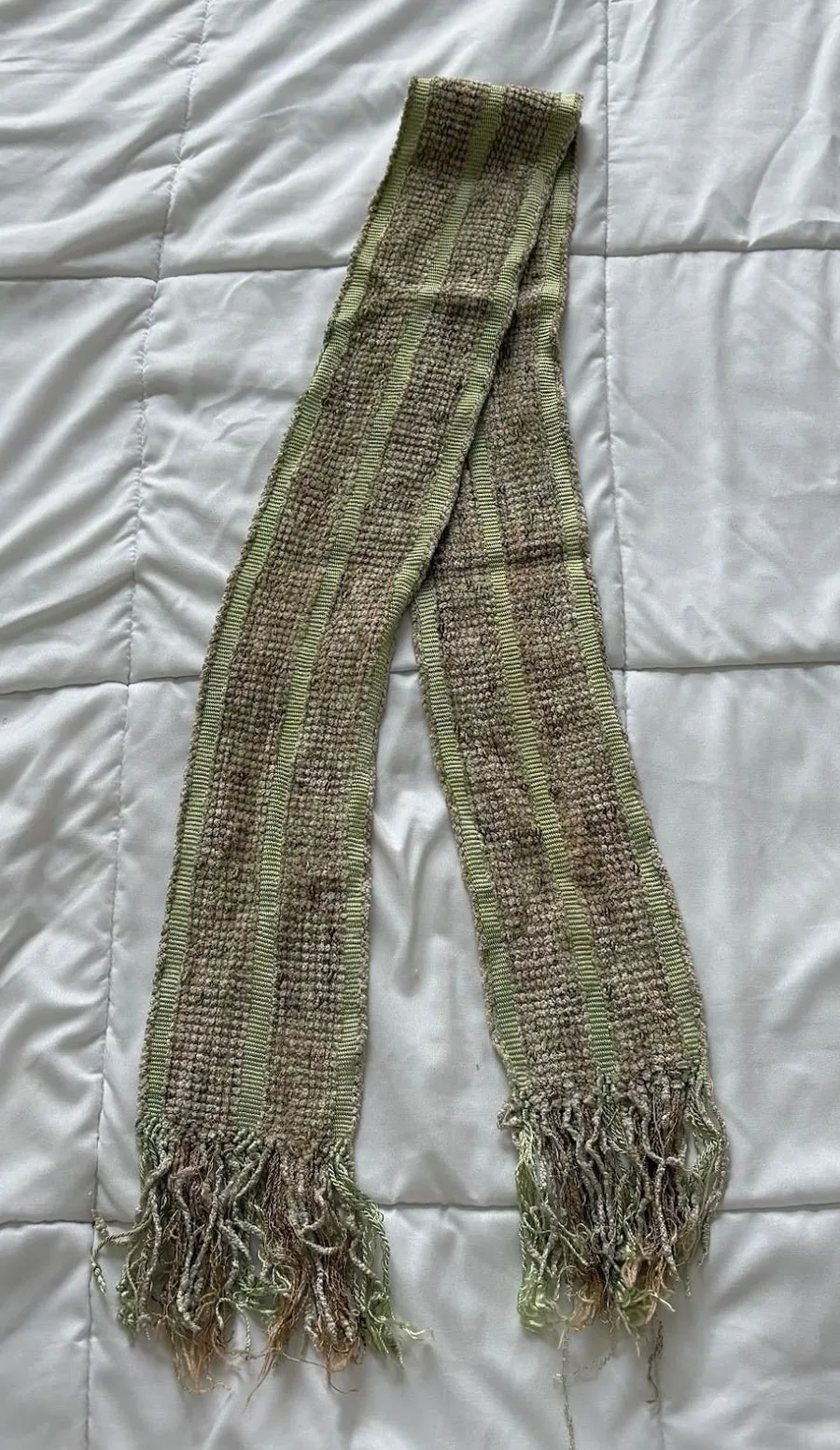 Yacan Handwoven Scarf Guatemala Backstrap Loom Cotton Rayon Green Tan Fringe