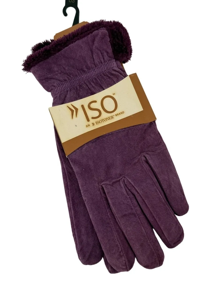Isotoner Gloves Blackberry Purple Women L Genuine Leather Faux Fur Trim New