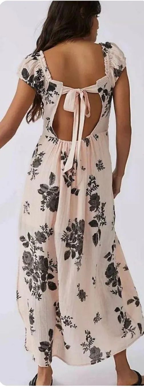 Free People Forgot Me Not Peach Combo Floral Open-Back Maxi Dress Boho Sz M