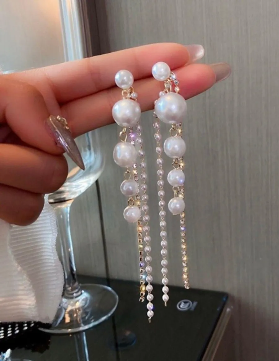 Elegant White Pearl Dangle Drop Earrings for Women,CZ Tassel Pearl Earrings Gold