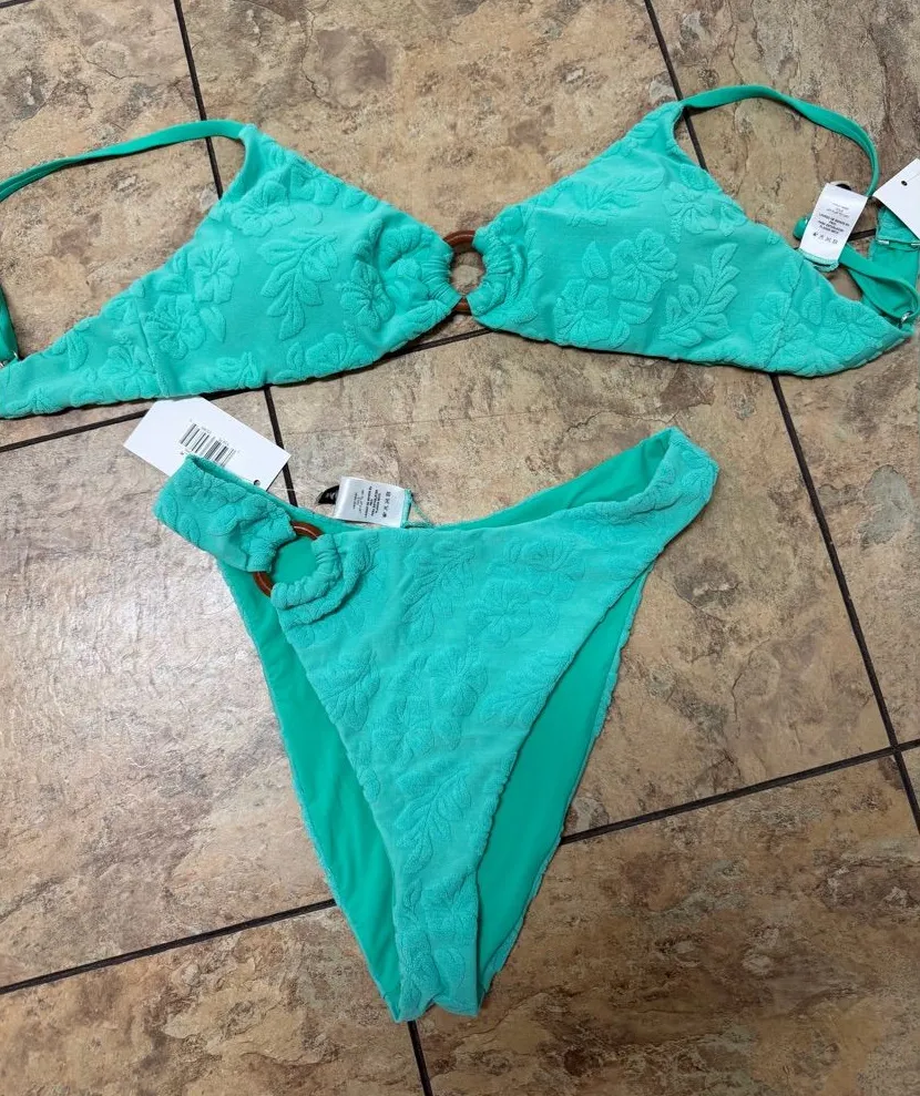 Terry High Waisted Aqua Bikini Set with Ring Detail
