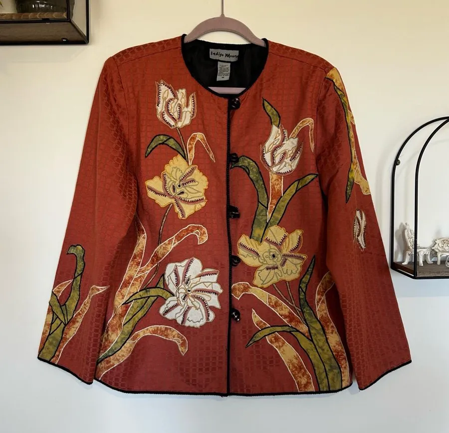 Indigo Moon Floral Print Cotton Blend Blazer Size Medium Orange