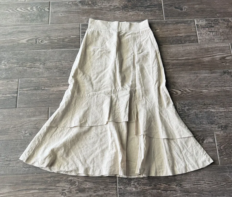 Korean Idol Fashion Brand Wconcept Clet Linen Flare Tiered Midi Skirt Tan