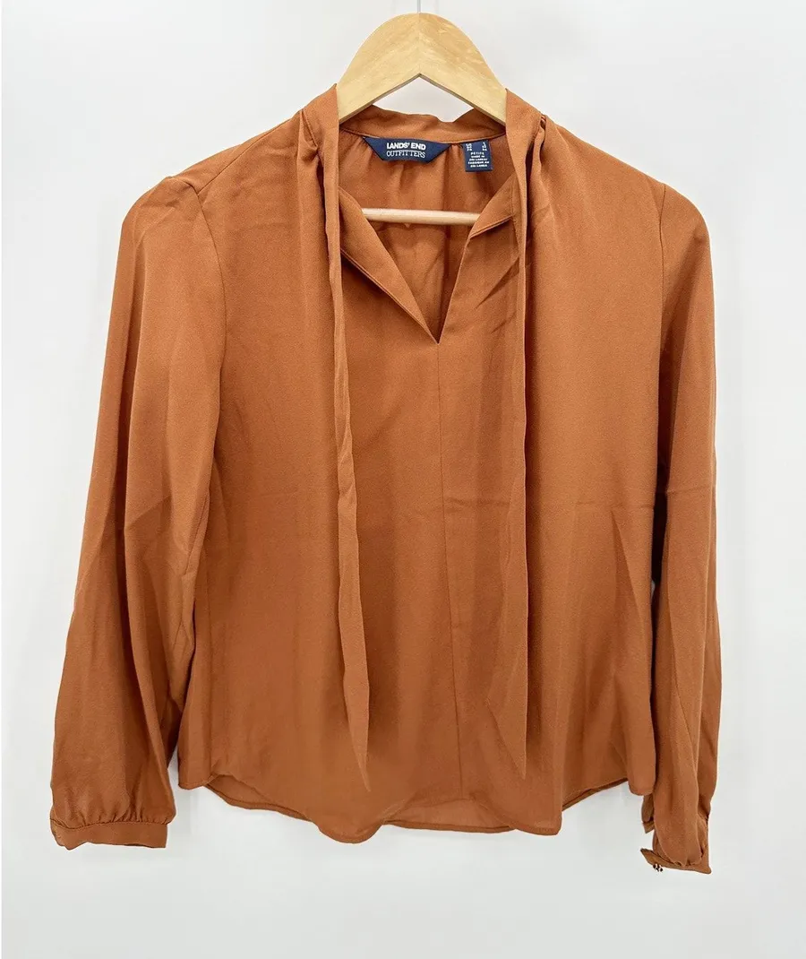 Lands' End Outfitters Blouse Women 2 Brown Tie Neck Long Sleeve Button Cuff