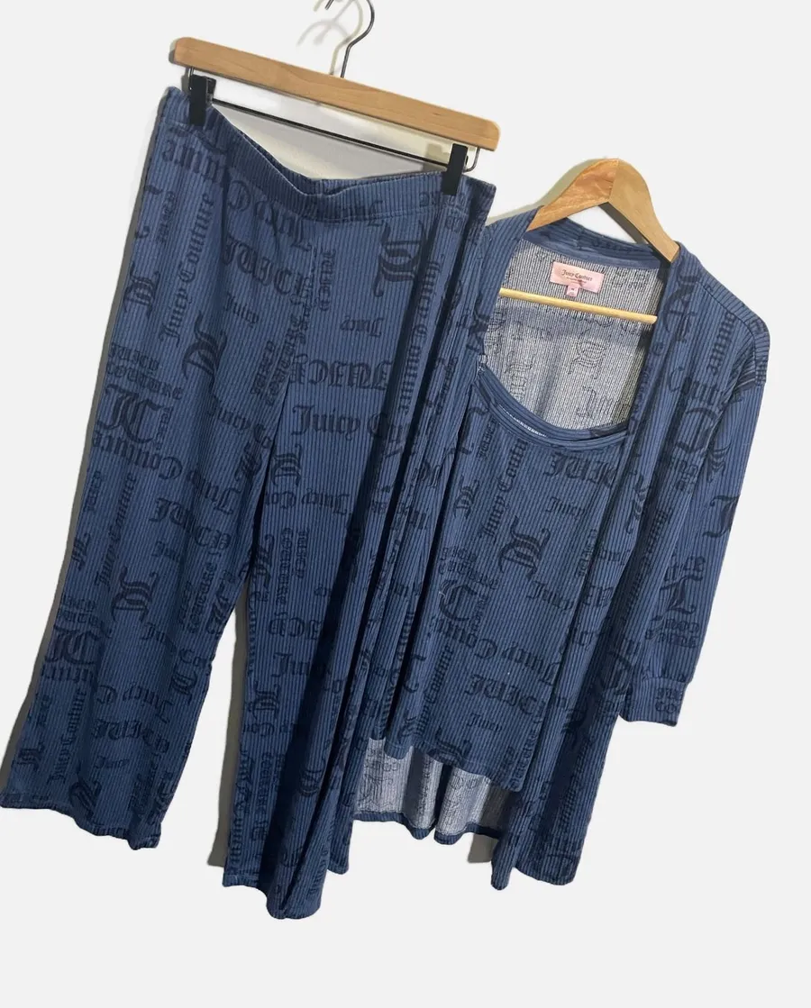 Juicy Couture Pajama Set Women Medium Blue 3pc Ribbed Cardigan Tank Pants Y2K
