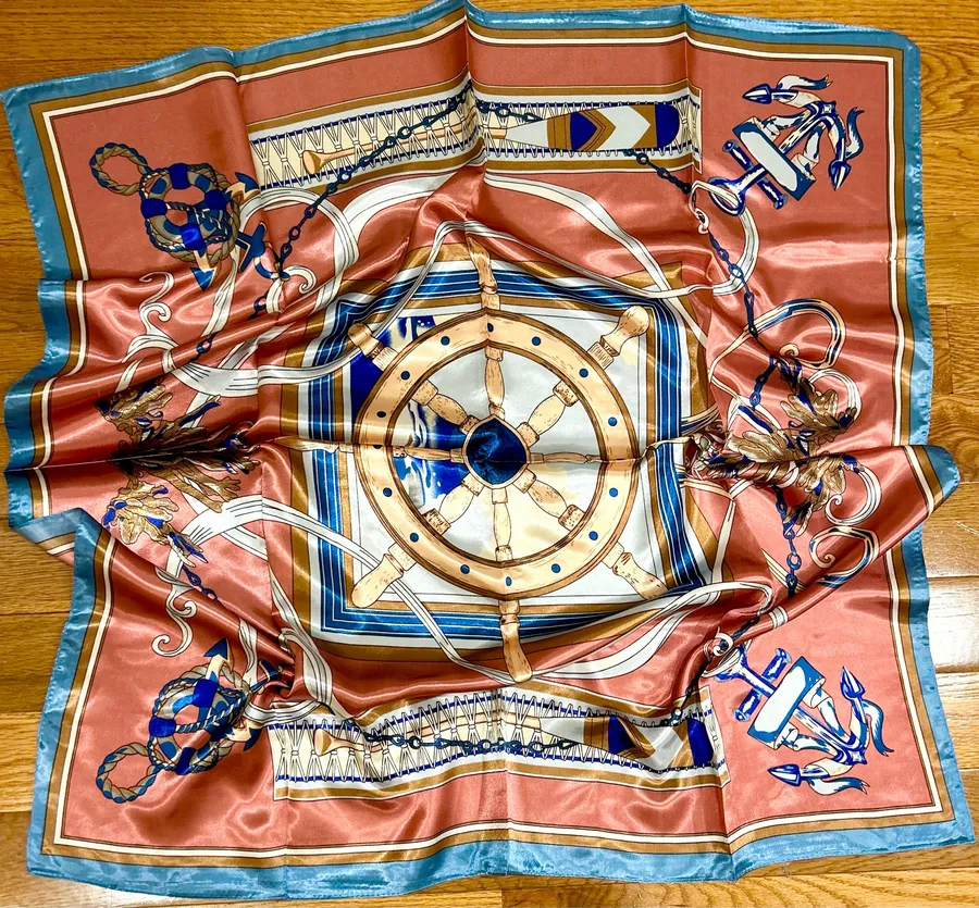 Vintage BOAT WHEEL& Nautical Anchor PATTERN Large SQUARE SILKY SCARF 35/35 Multiple