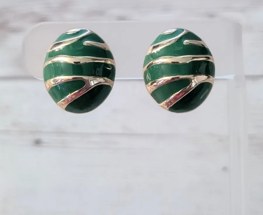 Vintage Clip On Earrings Statement Green & Gold Tone Striped Regal 7/8"
