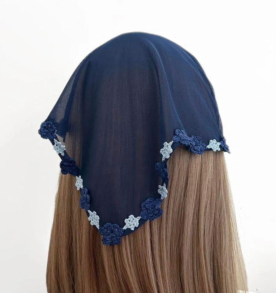 Indigo Blue Mesh Crochet Trim Triangle Headband –Elastic Boho Hair Scarf – Cottagecore Headband for Women – Festival Hair Accessory