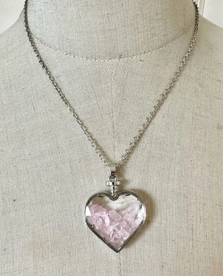 Blessings pink Crystal Chips in Faceted Glass Heart Pendant Necklace