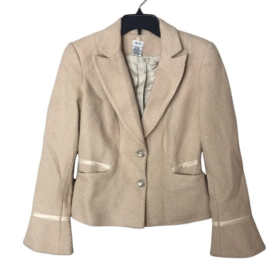 vtg Cache Blazer Women's Wool Blend Tweed Button Up Jacket Tan Size 4