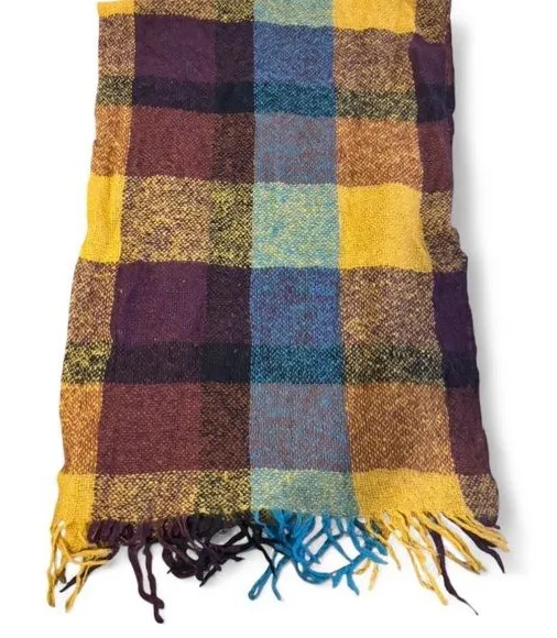 Oversized Plaid Blanket Scarf Mustard Purple Teal Chunky Fringe Cozy Wrap