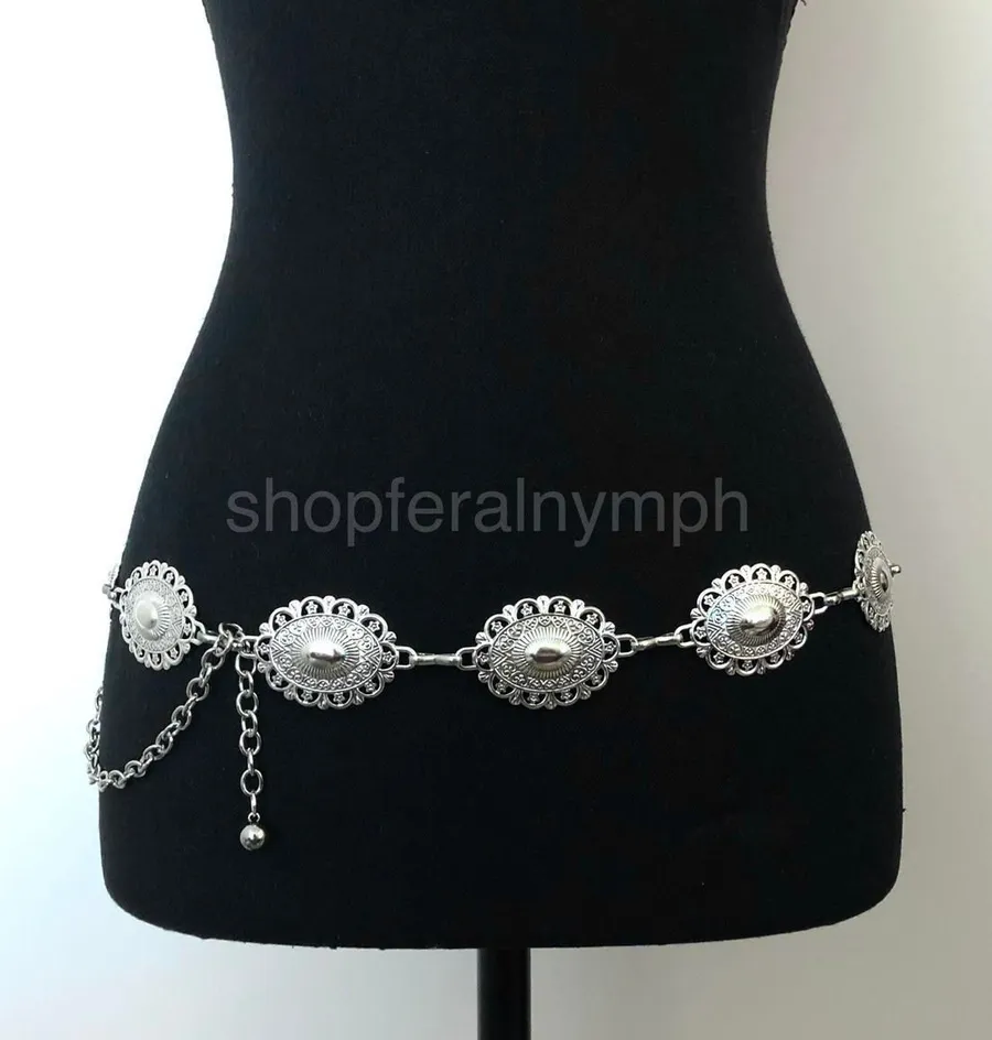 Y2K Boho Silver Ornate Oval Concho Chain Belt, Fits 25.5