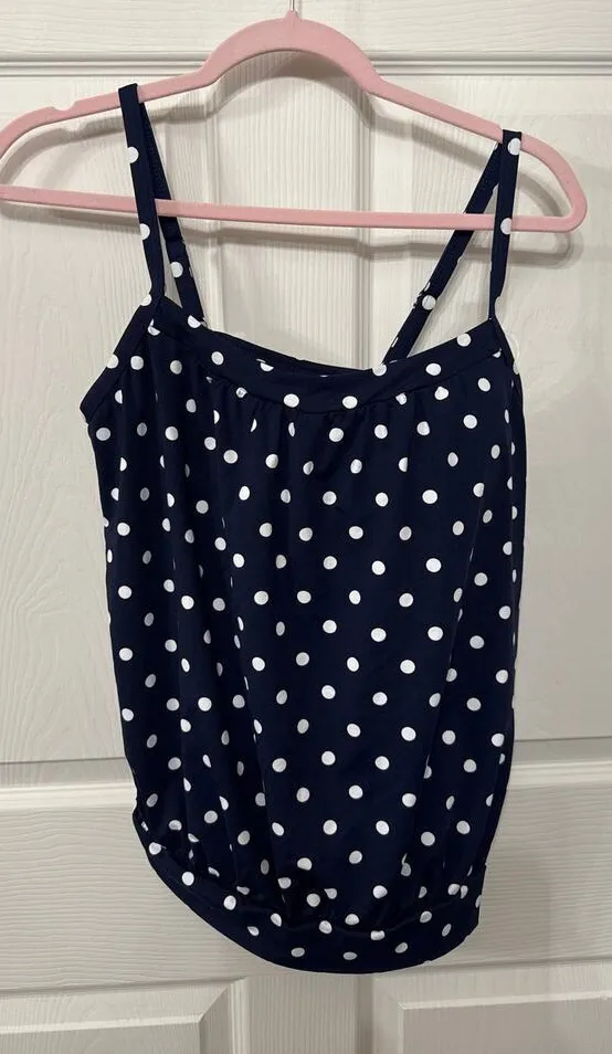 NWOT Lands End Blouson Tummy Hiding Tankini Top in Deep Sea Polka Dot, 12P