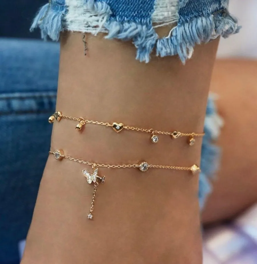 Layered Love Heart Butterfly Anklet for Women Gold