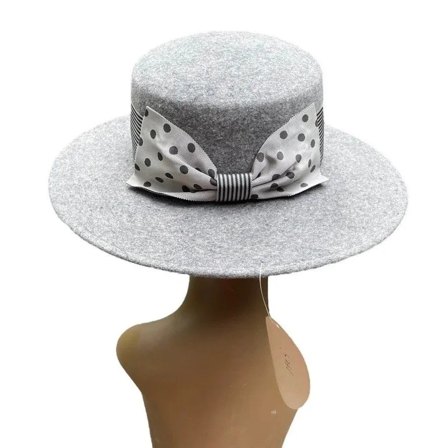 Vintage NOS Banash Boston Light Gray Wool Felt Fedora Hat Polka Dot Bow US 7.5