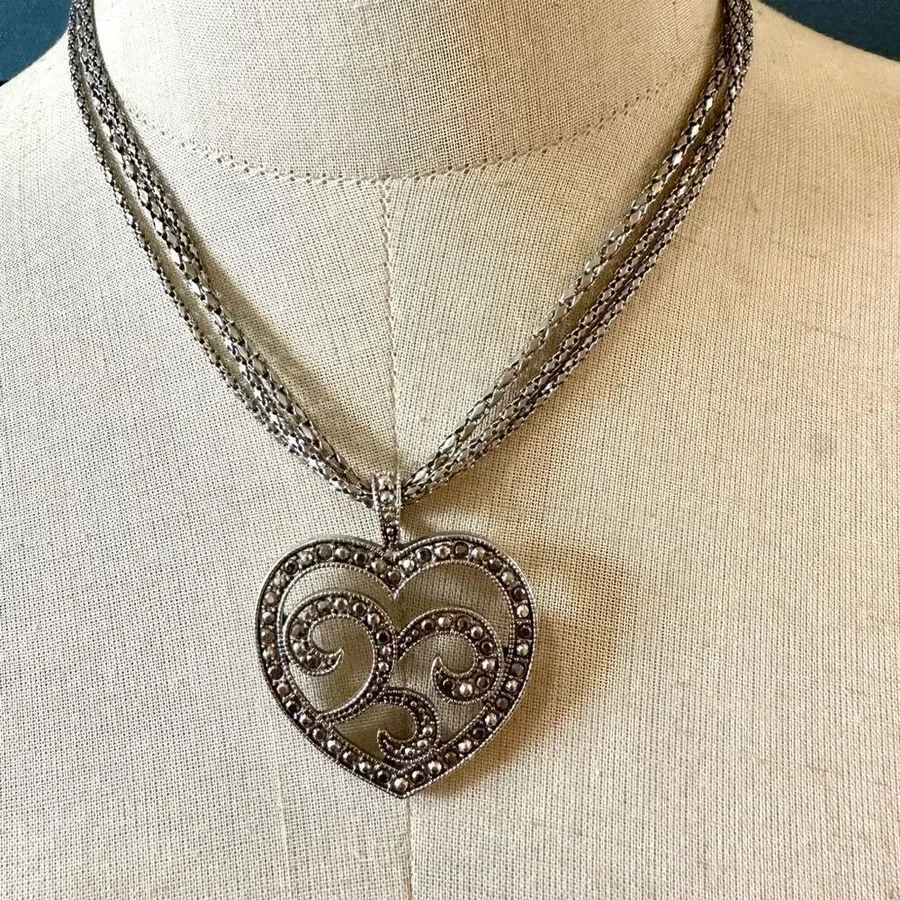 Silver tone Marcasite Heart Pendant necklace
