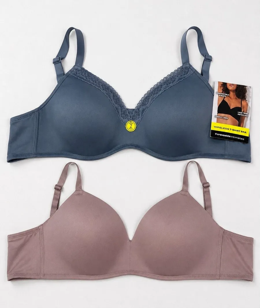 Maidenform 38D Wireless T-Shirt Bra 2 Pack Lace Trim Steel Blue Mauve MBT842