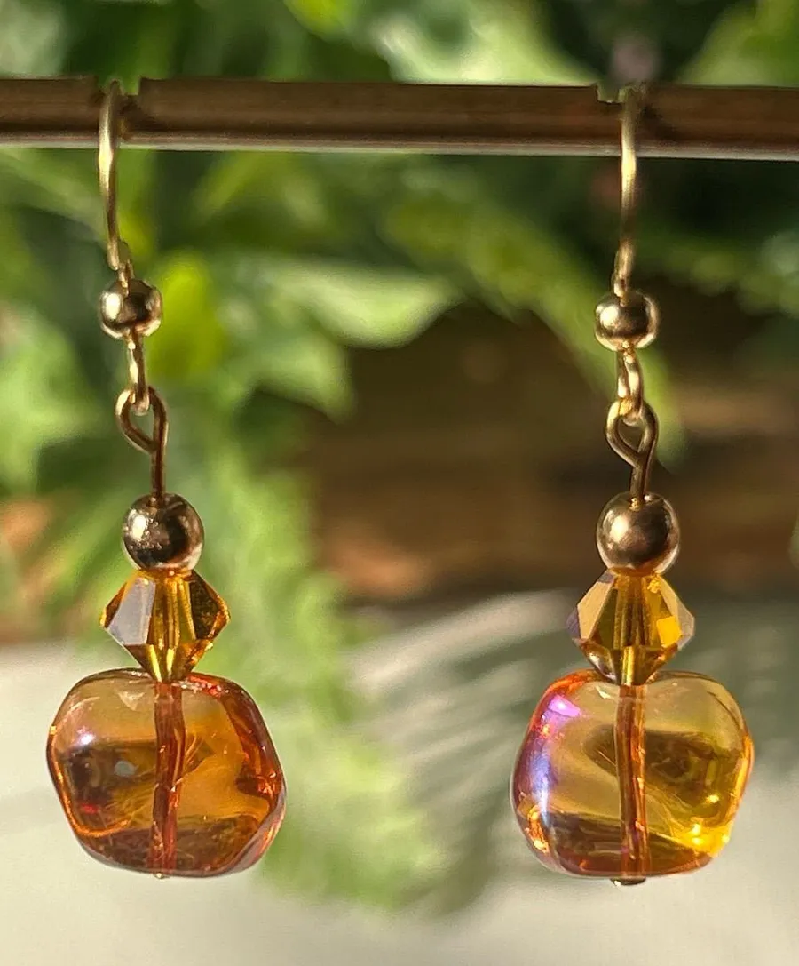 Amber Glass-like Drop Earrings with Gold Accents