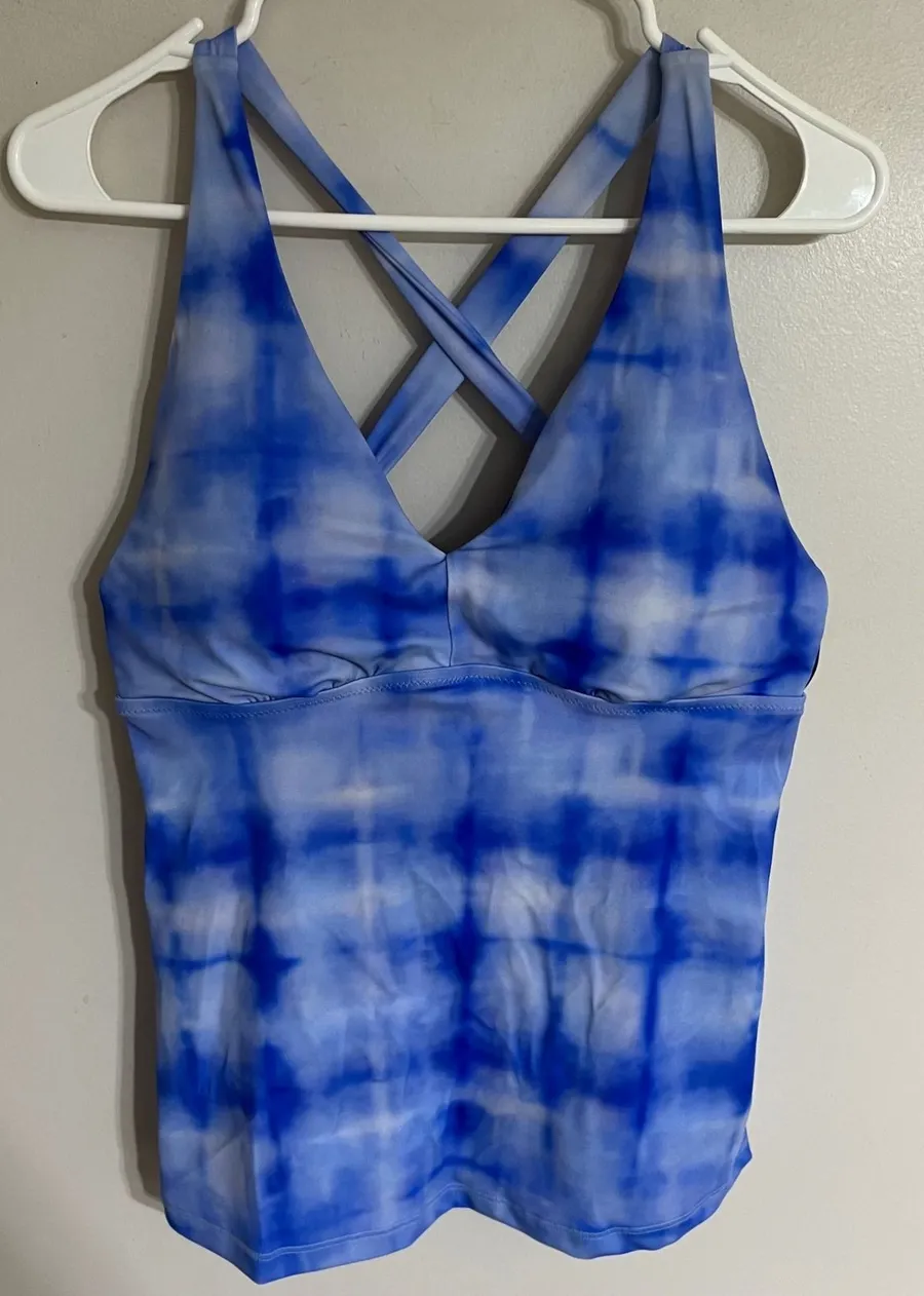 Athleta Plunge Tankini Top Blue Tie Dye Shibori D-DD Cup Size Medium Cross Back
