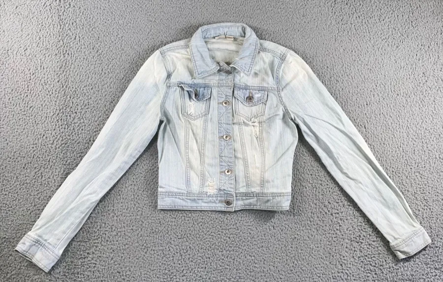 Vtg Y2K Mudd Denim Jacket Women L Light Wash Distressed Cropped Western Grunge