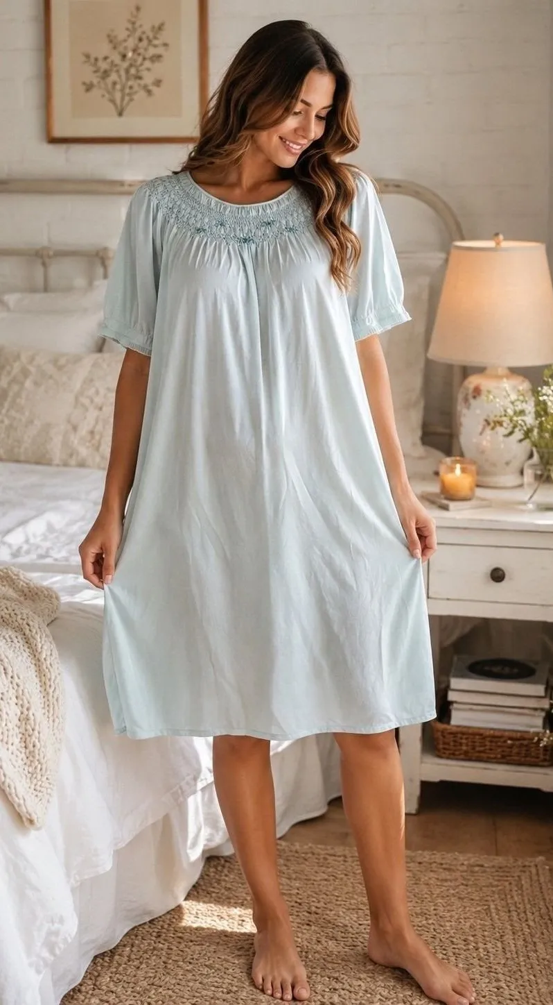 Catalina Aqua Blue Smocked Nightgown House Dress Lounge Sleepwear L
