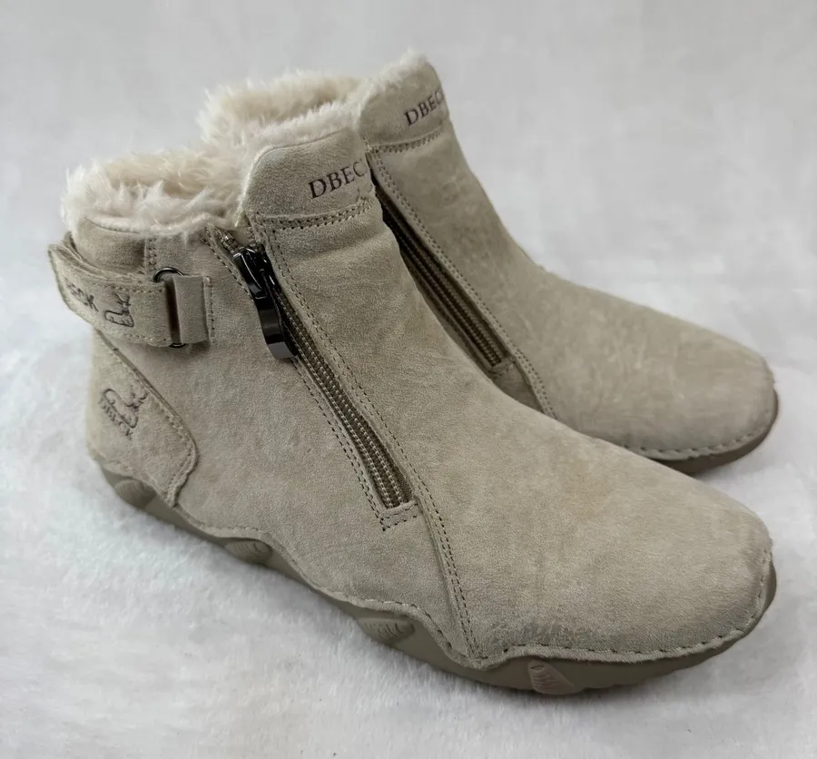 DBECK Tan Suede Faux Fur Lined Ankle Boots Dual Zip EU 38 Womens Comfort 7.5