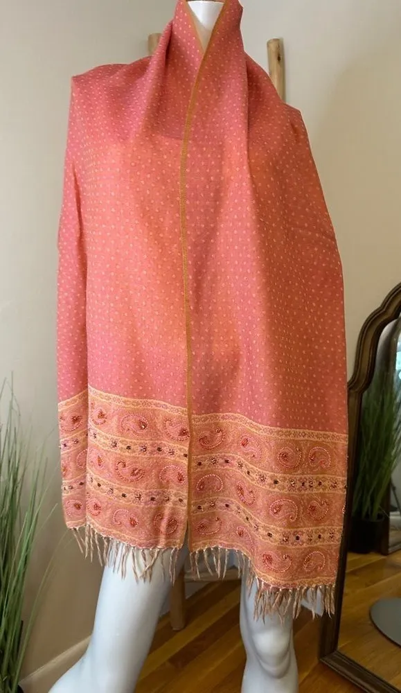 J Jill Woman's Wool Scarf Beaded With Fringe Pink