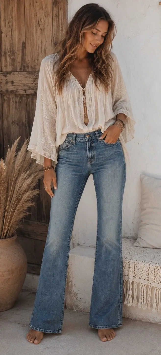 7 For All Mankind 27 Jeans Flare Low Rise Boho Retro Distressed Medium Blue Wash