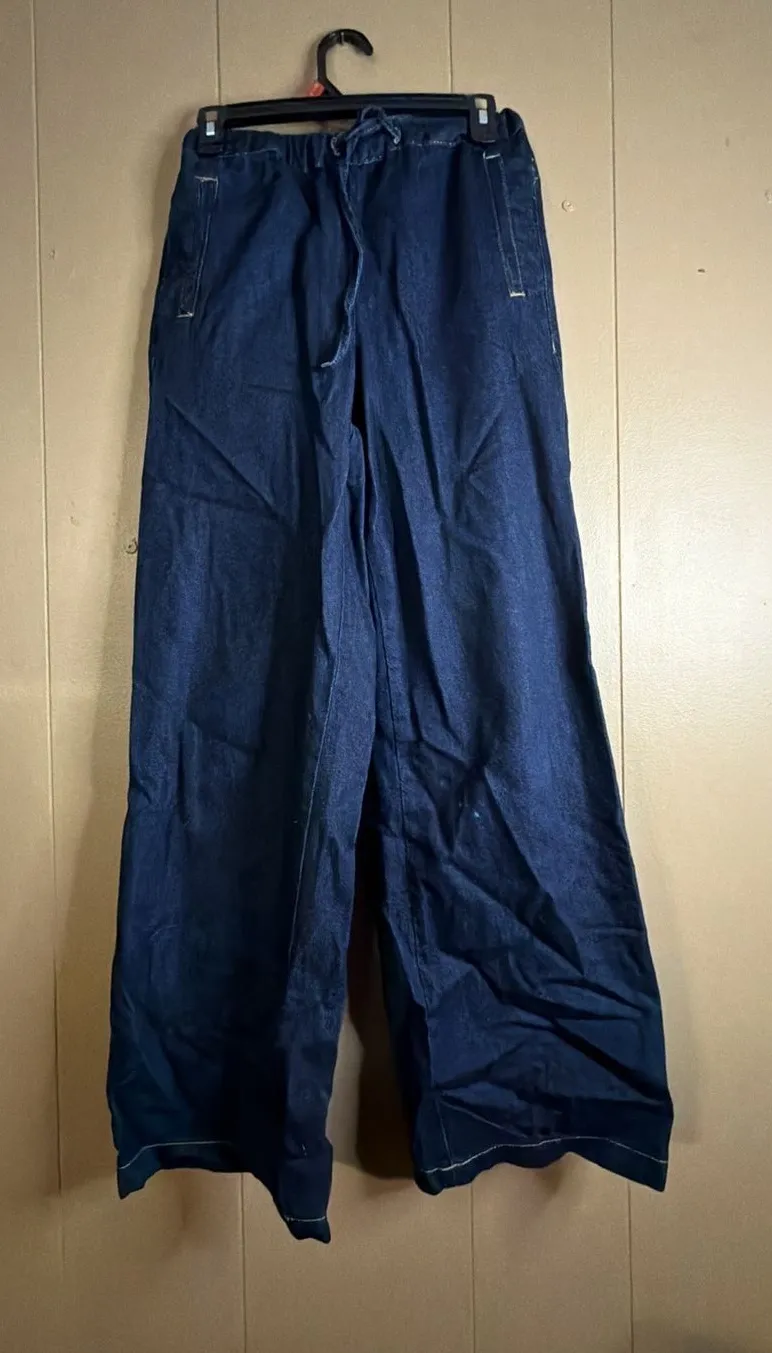 Zara Drawstring Waist Wide Leg Denim Pants Dark Blue Size XS