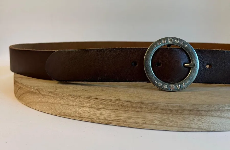 AE Brown Worn in Genuine Leather Round Crystal Stone Buckle Belt Size Large