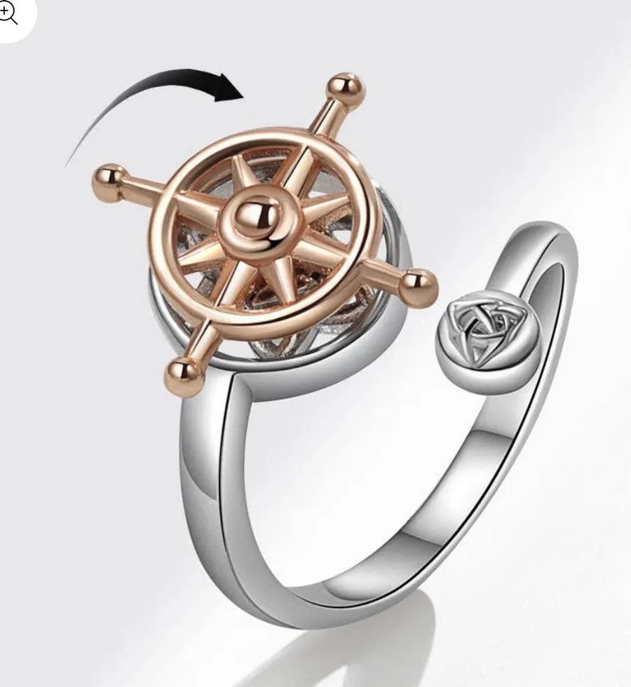 Rudder Compass Anxiety Fidget Spinner Ring Silver