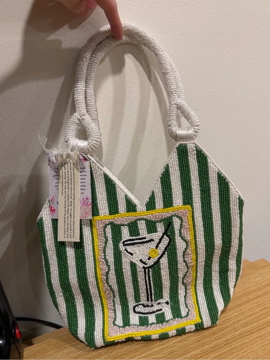 Beaded Martini Green White purse Tote Bag handle bag tjmaxx Women’s NWT