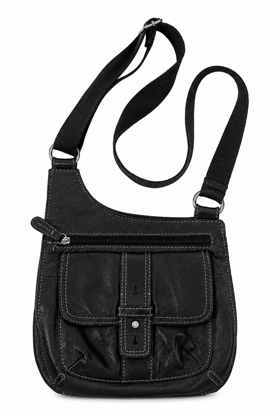 Fossil Small Crossbody Bag Black Leather Messenger Contrast Stitching Everyday