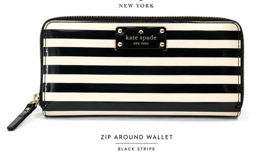 Kate Spade New York Black Cream Stripe Zip Around Wallet Organizer Continental