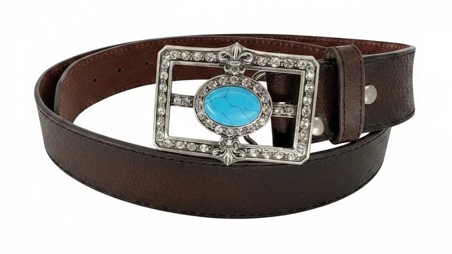 Genuine Leather Western Belt Womens Large Brown Turquoise Crystal Fleur De Lis