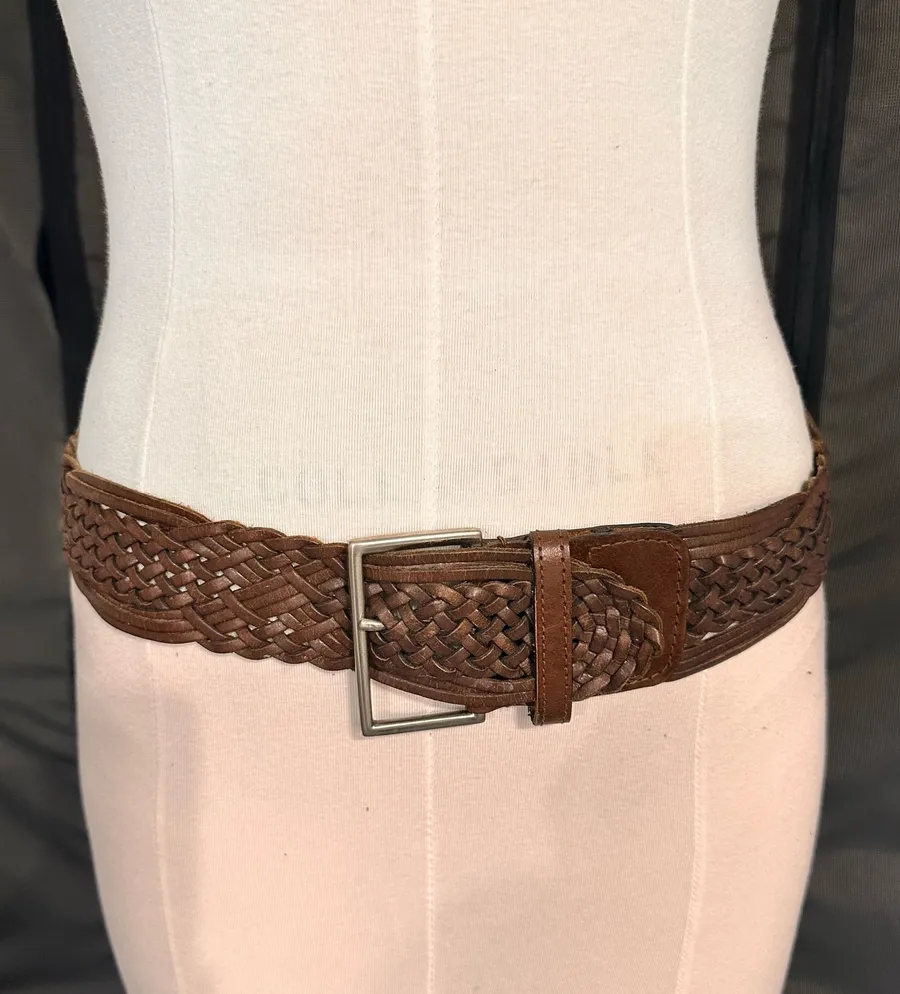Leather Belt Braided Women's Size M Brown Retro Vintage Wide Flexible