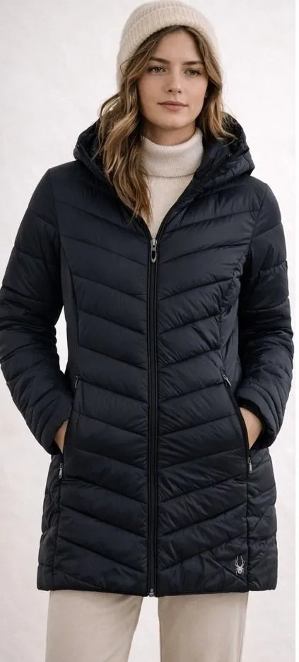 SPYDER Women Boundless Long Puffer Jacket Black Size S ThermaWeb Quilted Hooded