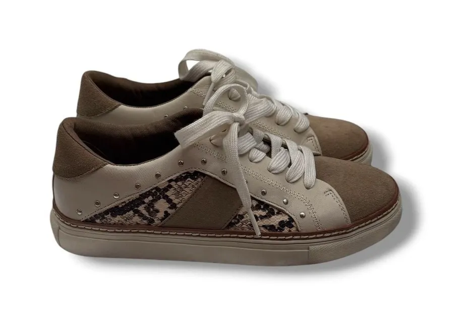 Crown Vintage Sneakers 8 Beige Mixed Media Studded Snakeskin Lace Up Low Top Tan