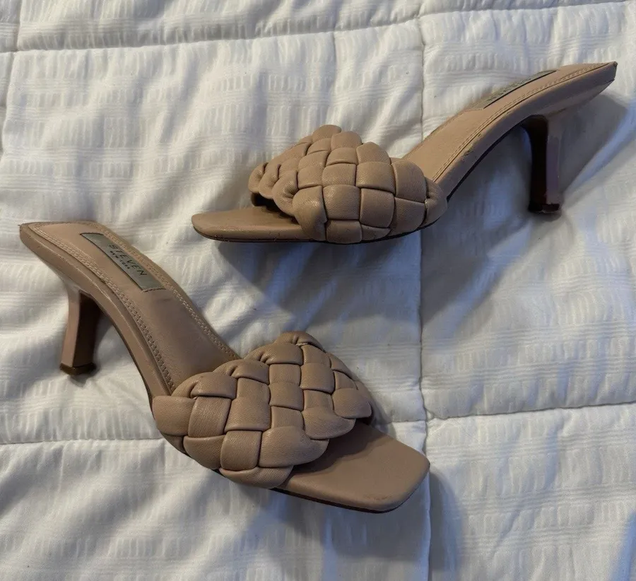 Steven New York Beige Braided Kitten Heel Mules Woven Strap Idra Nude Size 6.5