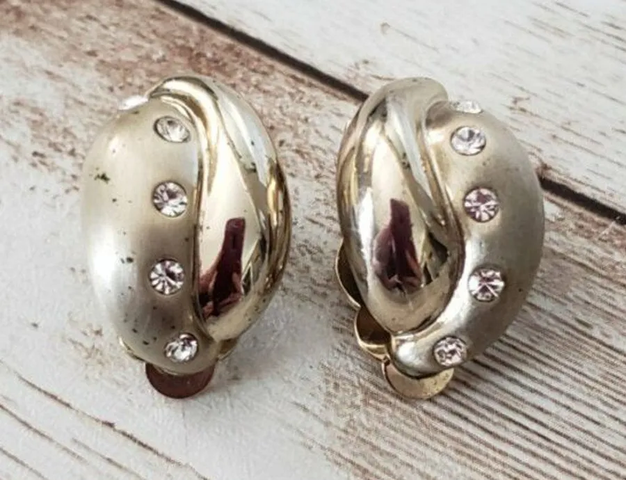 Vintage Clip On Earrings Matte Gold Tone & Mirrored Gold Tone with Clear Gems