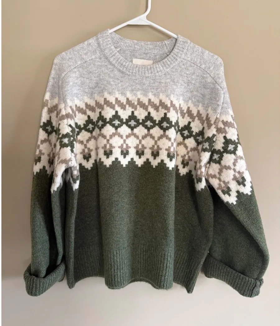Abercrombie & Fitch Fair Isle Crewneck Sweater Green Grey Medium Pullover