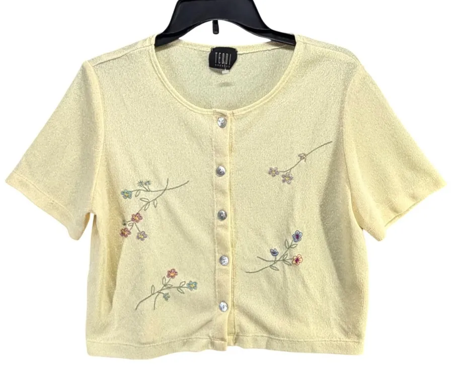 Vintage Teddi Cardigan Top Womens M Yellow Floral Embroidered Cottage Dainty Size M