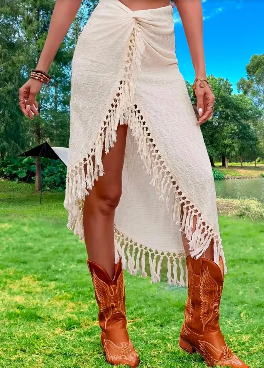 Boho Twist Skirt With Tassels Ivory M Tan Size M