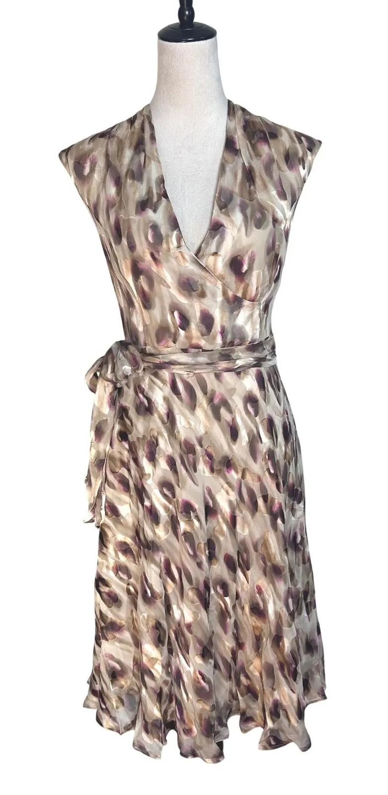 Jones New York Collection Silk Blend Wrap Dress Abstract Print Taupe Plum Sz 8 Brown