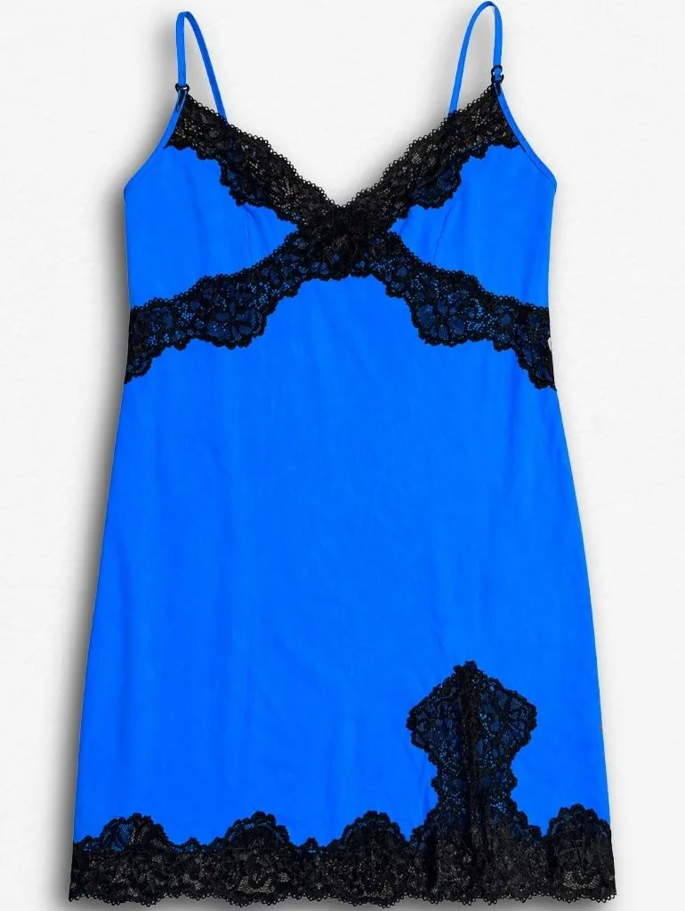 Victorias Secret Blue Black Lace Slip Dress Nightgown June 2011 Vintage Small