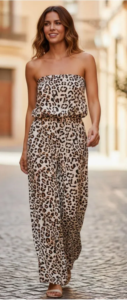 Express Strapless Leopard Print Wide-Leg Jumpsuit Women’s Size L